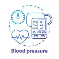 Blood pressure control device concept icon. Heart monitoring idea thin line illustration. Systolic and diastolic pressure on manometer screen. Vector isolated outline drawing. Editable stroke