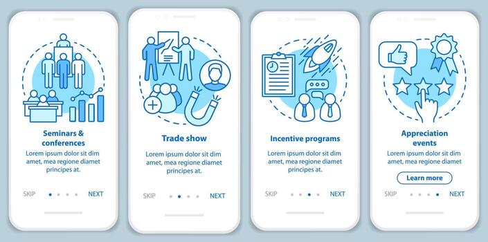 Corporate event management onboarding mobile app page screen with linear concepts. Seminars, conferences, incentive programs, appreciation events walkthrough instructions. UX, UI, GUI vector template