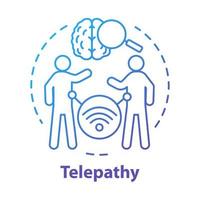 icono del concepto de telepatía. lectura mental, idea de transferencia de pensamiento ilustración de línea delgada. habilidades psíquicas sobrenaturales. cerebro con lupa y personas vector dibujo de contorno aislado