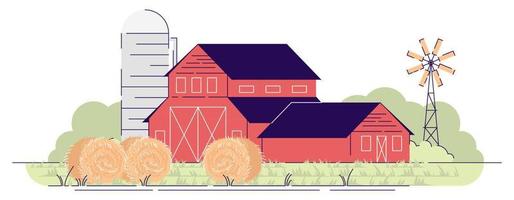 Farm barns with hay bales flat vector illustration. Village farmland, red rural ranch and backyard windmill. Country farmhouse. Countryside wooden buildings isolated cartoon concept with outline