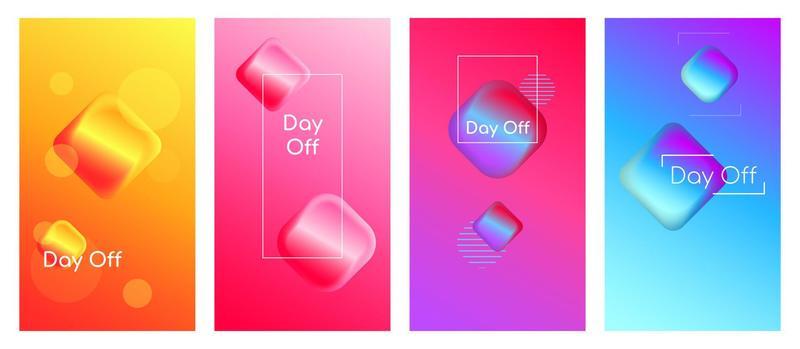 Day off social media stories duotone template set. Weekend gradient web banner with fluid 3d shapes, content layout and inscription. Modern mobile app organic design. Blending colors mockup pack