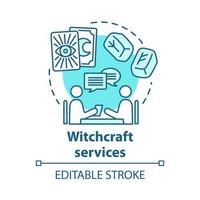 Witchcraft services concept icon. Future prediction and divination idea thin line illustration. Rune stones, psychic with client and tarot cards vector isolated outline drawing. Editable stroke