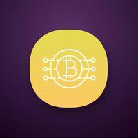 Bitcoin app icon. Virtual currency. Online banking. Bitcoin payment. Contour symbol. Microchip pathways with coin inside. UI UX user interface. Web or mobile application. Vector isolated illustration