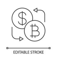Bitcoin and dollar currency exchange linear icon. Cryptocurrency. Thin line illustration. Refund. Contour symbol. Vector isolated outline drawing. Editable stroke