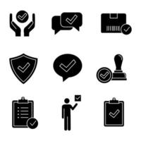 Approve glyph icons set. Quality service, approved chat, delivery, security, dialog, stamp, task planning, voter, clipboard with checkmark. Silhouette symbols. Vector isolated illustration