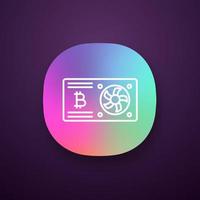 Bitcoin mining graphic card app icon. UI UX user interface. Video card for crypto business. Cryptocurrency gpu mining farm. Web or mobile application. Vector isolated illustration