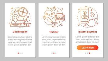 Taxi ordering onboarding mobile app page screen with linear concepts. Get direction, transportation, instant pay steps graphic instructions. UX, UI, GUI vector template with illustrations