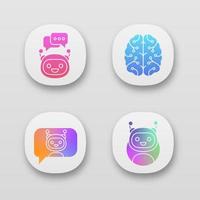 Chatbots app icons set. UI UX user interface. Virtual assistants. Messenger and chat bots. Processor. Digital brain. Modern robots. Web or mobile applications. Vector isolated illustrations