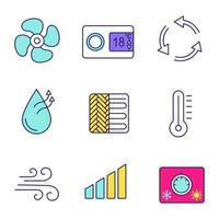 Air conditioning color icons set. Power level, digital thermostat, ventilation, humidification, floor heating, thermometer, airflow, climate control knob, exhaust fan. Isolated vector illustrations