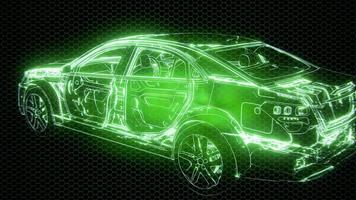 Holographic animation of 3D wireframe car model with engine video