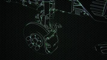 Holographic animation of 3D wireframe car model with engine video