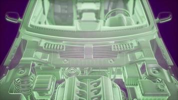 Holographic animation of 3D wireframe car model with engine video