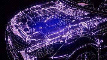 Holographic animation of 3D wireframe car model with engine video