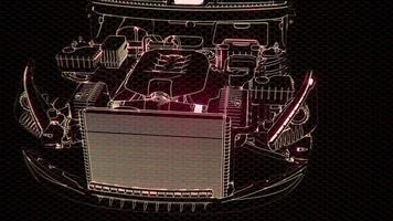 Holographic animation of 3D wireframe car model with engine photo