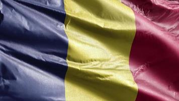 rumänien textilflagga långsamt viftande på vindslingan. rumänsk banderoll svajar smidigt på vinden. tyg textilvävnad. full fyllning bakgrund. 20 sekunders loop. video
