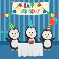 set of cute penguin in birthday party with cake, gift and balloon vector