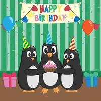 Cute penguin in birthday party with birthday decoration vector