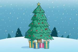 christmas tree in the snow field with gift box vector