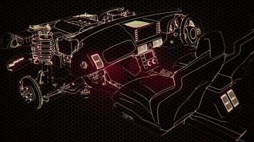 Holographic animation of 3D wireframe car model with engine video