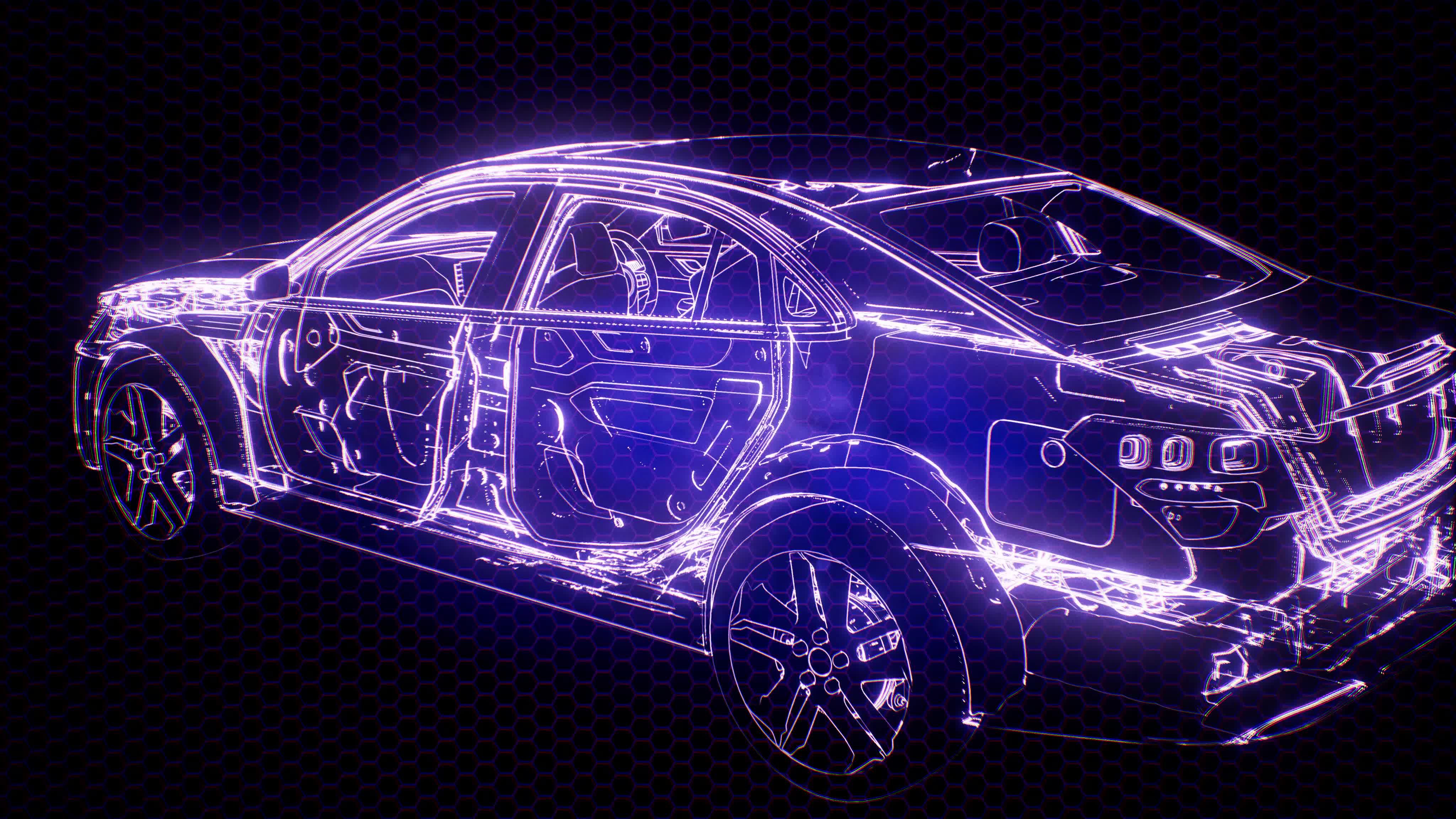 Holographic animation of 3D wireframe car model with engine 5602546
