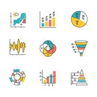 Chart and graph color icons set. Temperature map. Seismic activity. Vertical histogram. Pie diagram. Funnel chart. Venn diagram. Sunburst graph. Mixed chart Pyramid. Isolated vector illustrations