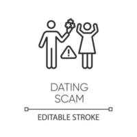 Dating scam linear icon. Online romance fraud. Fake dating service. False romantic intention. Confidence trick. Thin line illustration. Contour symbol. Vector isolated outline drawing. Editable stroke