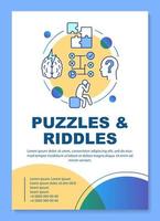 Puzzles and riddles poster template layout. Escape room banner, booklet, leaflet print design with linear icons. Strategy logic game vector brochure page layout for magazines, advertising flyers