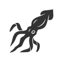 Squid glyph icon. Swimming marine animal with tentacles. Seafood restaurant. Underwater creature. Sea fish. Invertebrate mollusk. Silhouette symbol. Negative space. Vector isolated illustration