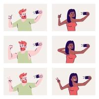 Selfie poses flat vector illustrations set. Happy man and woman taking self photo. Smiling people using mobile phone photography. Making self portrait in smartphone camera isolated cartoon characters