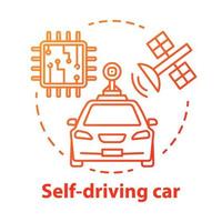 Self-driving car concept icon. Driverless, robotic automobile. Auto, microchip, satellite. Autonomous smart vehicle idea thin line illustration. Vector isolated outline drawing. Editable stroke