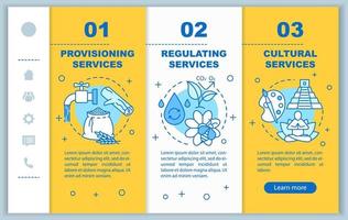 Ecosystem services onboarding mobile web pages vector template. Provisioning. Responsive smartphone website interface idea with linear illustrations. Webpage walkthrough step screens. Color concept