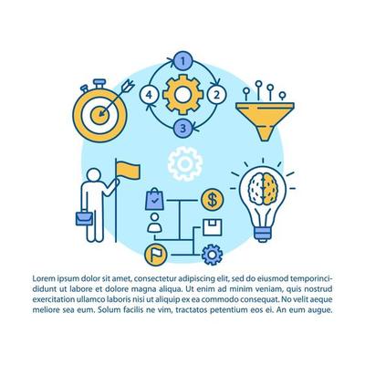 Business strategy article page vector template. Workflow efficiency. Corporate management. Brochure, magazine, booklet design element with linear icons. Print design. Concept illustrations with text