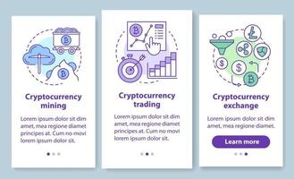 pantalla de la página de la aplicación móvil de incorporación de criptomonedas con conceptos lineales. Instrucciones gráficas para la extracción, el comercio y el intercambio de criptomonedas. ux, ui, plantilla vectorial gui con ilustraciones vector