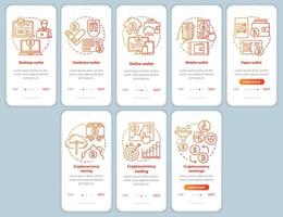 pantalla de la página de la aplicación móvil de incorporación de minería de criptomonedas con conceptos lineales. Instrucciones gráficas de instrucciones gráficas de paso rojo paso a paso de monedero electrónico de bitcoin. ux, ui, plantilla gui con ilustraciones vector