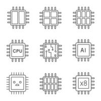 conjunto de iconos lineales de procesadores. octa, seis, dual, chip de cuatro núcleos, cpu, temperatura del microprocesador, triste, procesador. símbolos de línea delgada. ilustraciones aisladas de contorno vectorial. trazo editable vector