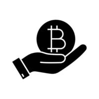 Open hand with bitcoin coin glyph icon. Silhouette symbol. Buying or selling bitcoin. Cryptocurrency. Negative space. Vector isolated illustration