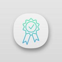 Award medal app icon. Reward. Best choice medal. UI UX user interface. Certified. Seal with ribbon and check mark. Quality badge. Web or mobile application. Vector isolated illustration