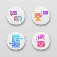 Chatbots app icons set. UI UX user interface. Virtual assistants. Messenger and chat bots. Modern robots. Smartphone and laptop chatterbots. Web or mobile applications. Vector isolated illustrations