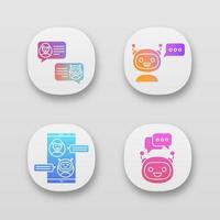 conjunto de iconos de aplicaciones de chatbots. interfaz de usuario ui ux. asistentes virtuales. bots de mensajería y chat. robots modernos. chatterbots para teléfonos inteligentes y portátiles. aplicaciones web o móviles. Ilustraciones de vectores aislados