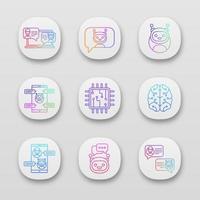 Chatbots app icons set. UI UX user interface. Talkbots. Support service, chat, messenger bots. Modern robots. Digital brain and processor. Web or mobile applications. Vector isolated illustrations