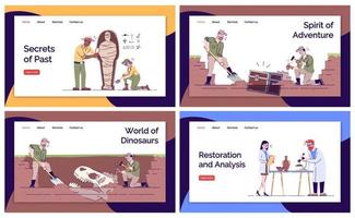 Archeology landing page vector template set. Paleontology and history website interface idea with flat illustrations. Mysteries of past studies homepage layout. Web banner, webpage cartoon concept