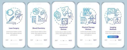 plantilla de vector de pantalla de página de aplicación móvil de incorporación de ingeniería biomédica. cirugía laser. química de la sangre. paso a paso del sitio web con ilustraciones lineales. ux, ui, concepto de interfaz de teléfono inteligente gui