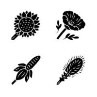 Wild flowers glyph icons set. Helianthus, California poppy, mexican hat, liatris. Blooming wildflowers, weed. Calflora. Spring blossom. Silhouette symbols. Vector isolated illustration