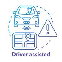 Driver assisted concept icon. Car intelligent features for safety and comfort. Sensory information to navigation paths idea thin line illustration. Vector isolated outline drawing. Editable stroke