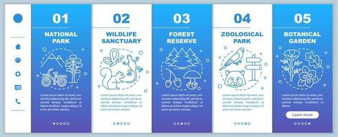 Protected areas for biodiversity onboarding mobile web pages vector template. Park. Responsive smartphone website interface idea with linear icons. Webpage walkthrough step screens. Color concept