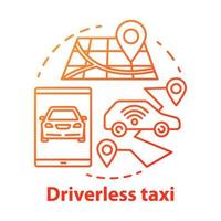 Driverless taxi concept icon. Robo-Cab. Navigation in autonomous car. Rout for self-driving vehicle. Mobile taxi service idea thin line illustration. Vector isolated outline drawing. Editable stroke