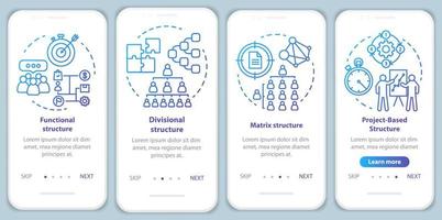 Corporate structure onboarding mobile app page screen with linear concepts. Organization hierarchy. Company management walkthrough graphic blue instructions. UX, UI, GUI template with illustrations vector