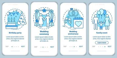 gestión de eventos, servicios de planificación incorporando la pantalla de la página de la aplicación móvil con conceptos. fiesta de cumpleaños, tutorial de ceremonia de boda instrucciones gráficas. ux, ui, plantilla vectorial gui con ilustraciones vector