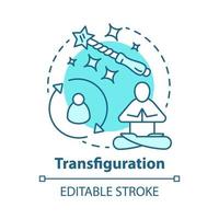 Transfiguration concept icon. Wizardry and sorcery idea thin line illustration. Appearance alteration spell. Wizard wand and meditating monk vector isolated outline drawing. Editable stroke