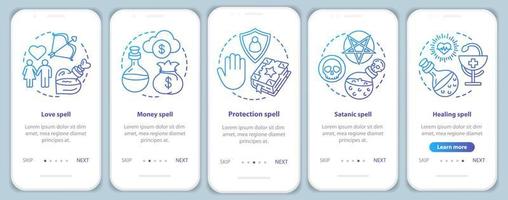 Spells onboarding mobile app page screen vector template. Love, healing, protection magic walkthrough website steps with linear illustrations. UX, UI, GUI smartphone interface concept